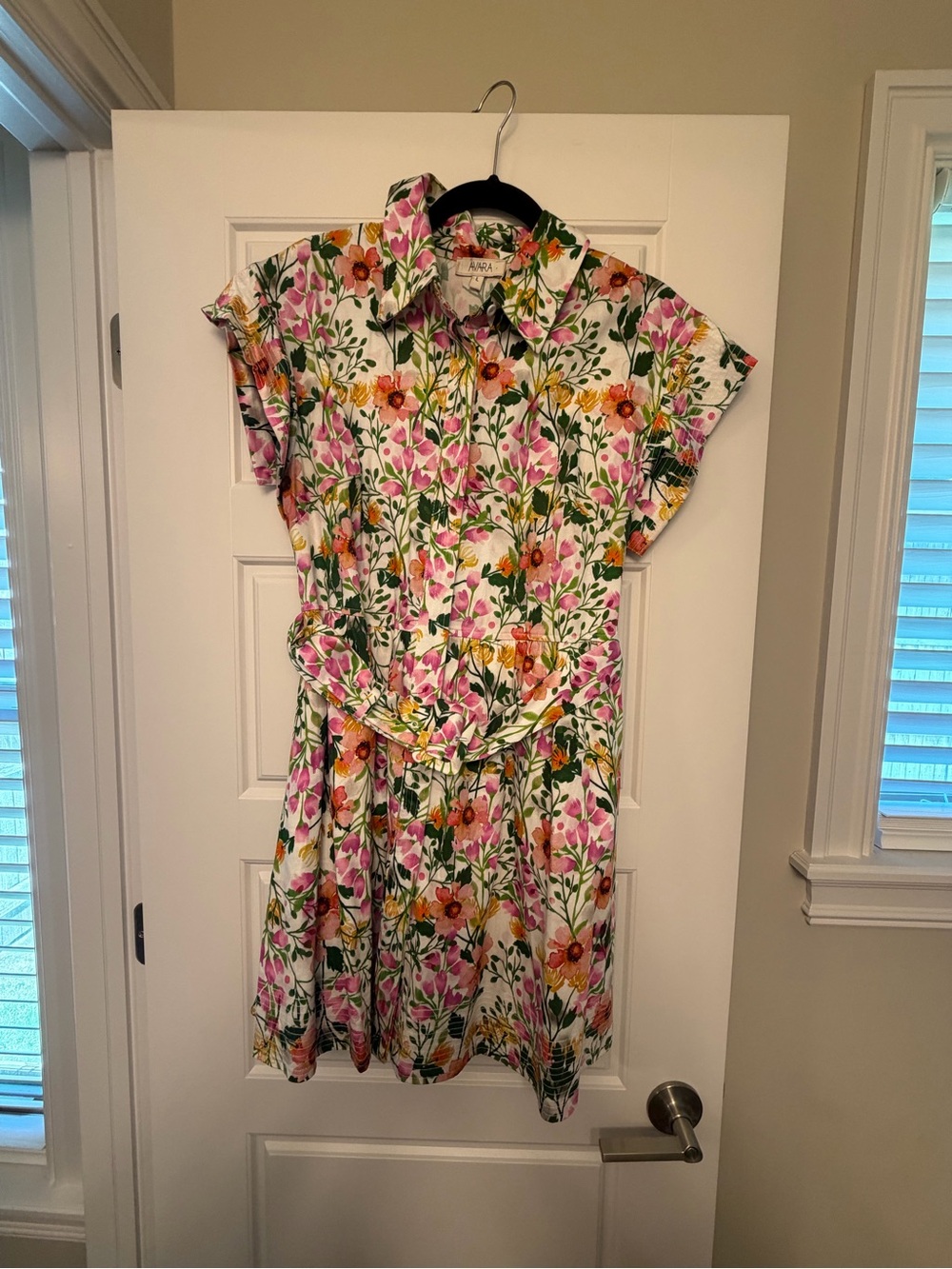 AVARA Floral Button-Front Belted Shirt Dress - Pink & Green Large